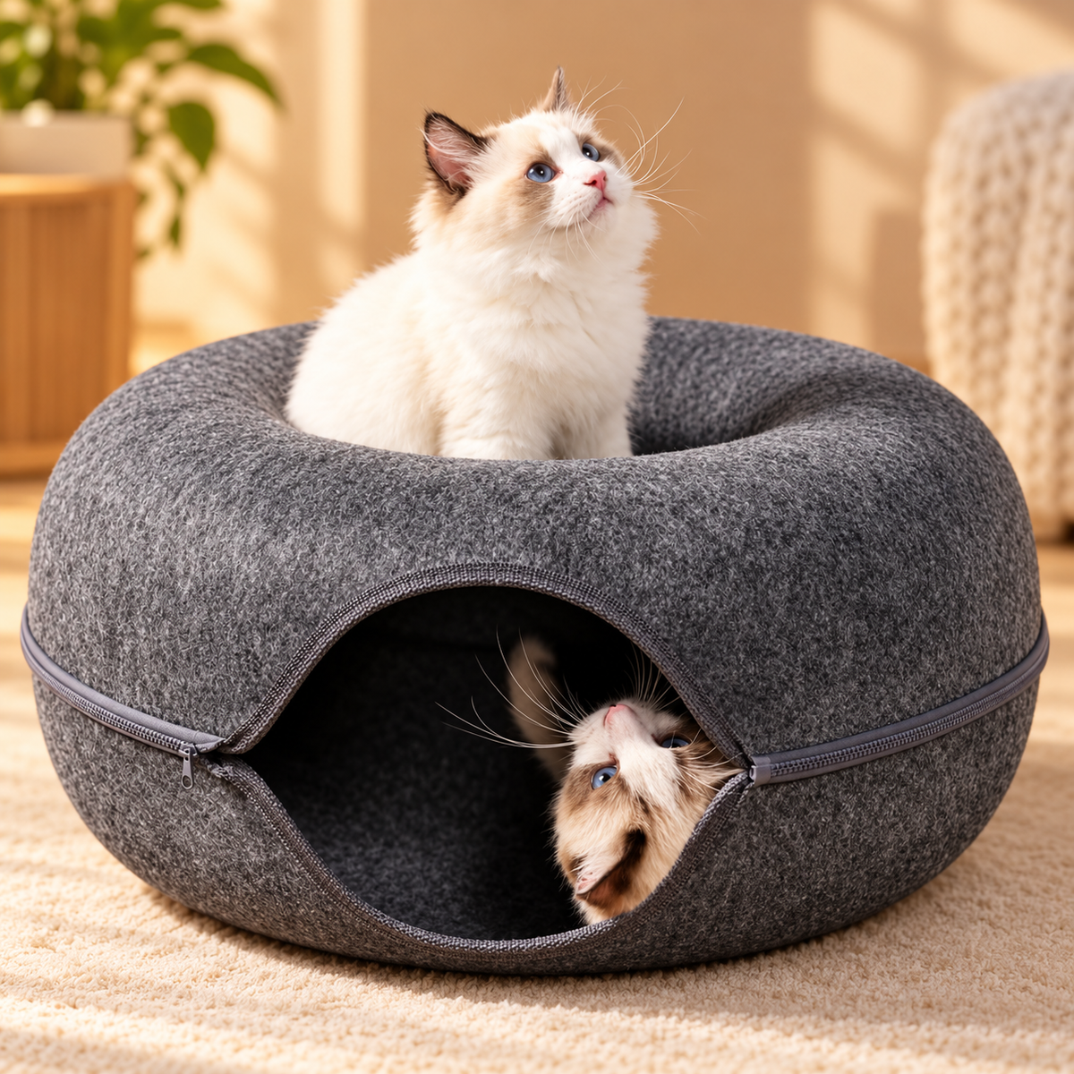 Felt Donut Cat Nest Bed with Tunnel, 50 or 60 cm