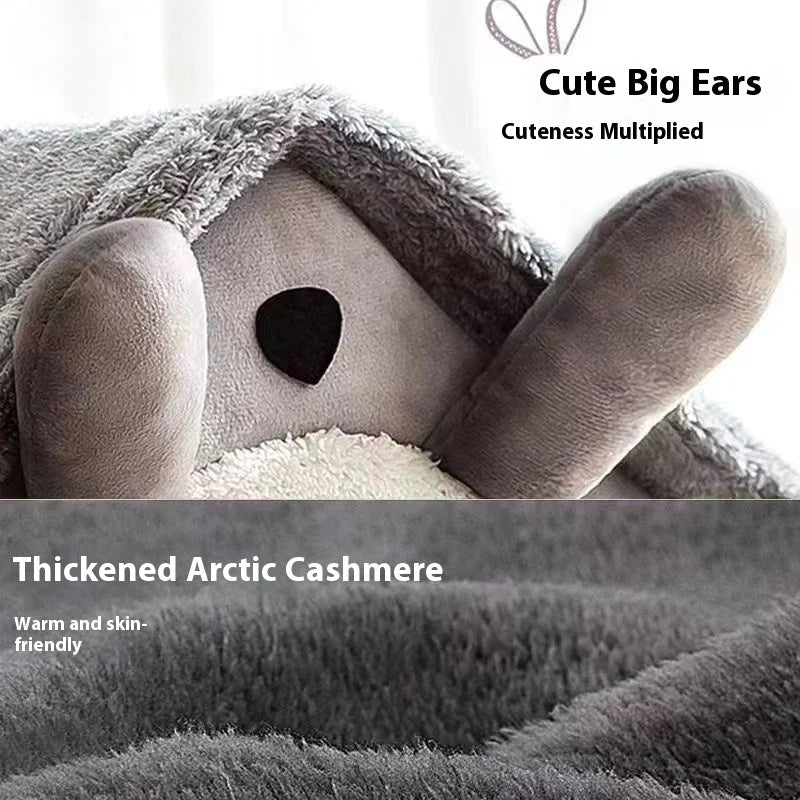 Close-up of the grey pet house bed ears and thick plush coral fleece lining