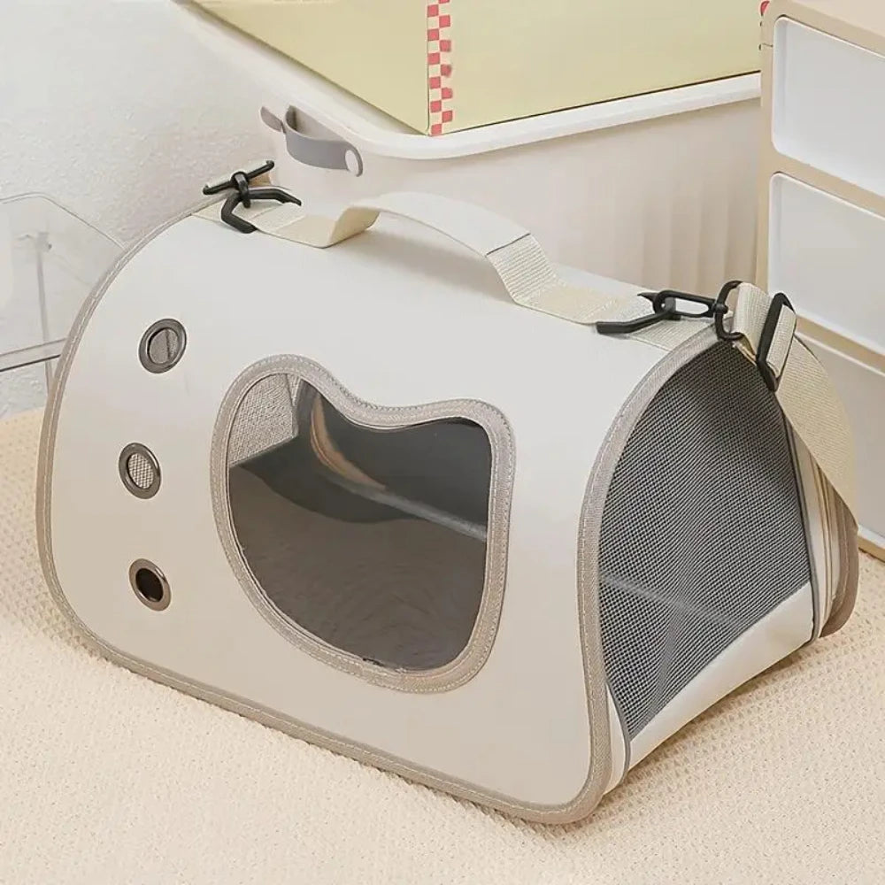 Beige foldable pet carrier shoulder bag with mesh window and round vent holes