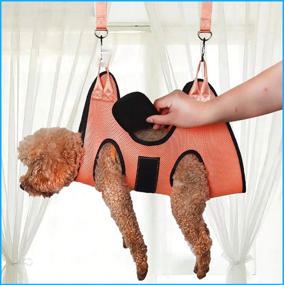 Small apricot dog supported in an orange grooming hammock