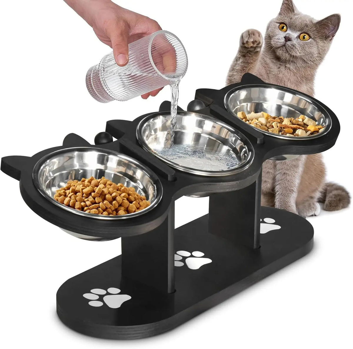 Elevated Cat Bowls, 3 Stainless Steel with Wood Stand