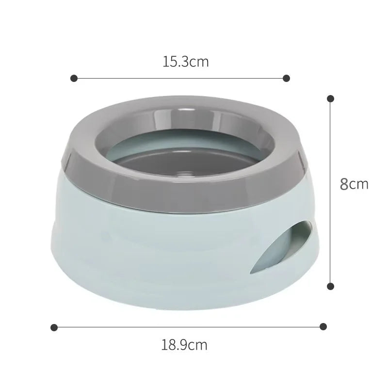 Light blue anti-spill pet water bowl with size measurements