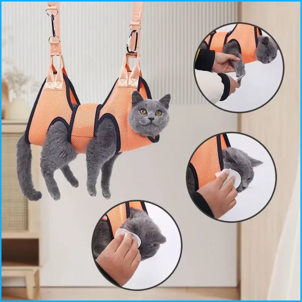 Grey cat in an orange grooming hammock with close-ups of the paw openings for nail trimming