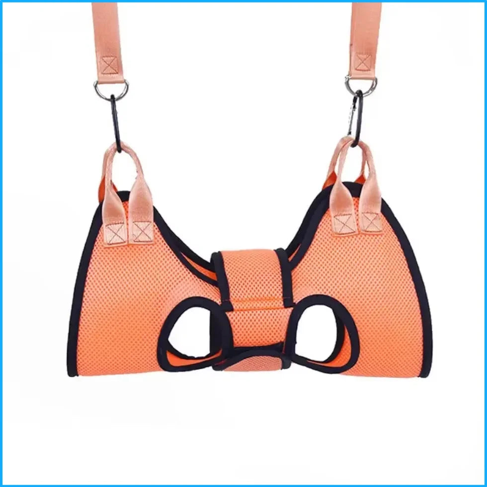 Front view of an orange pet grooming hammock with hanging straps