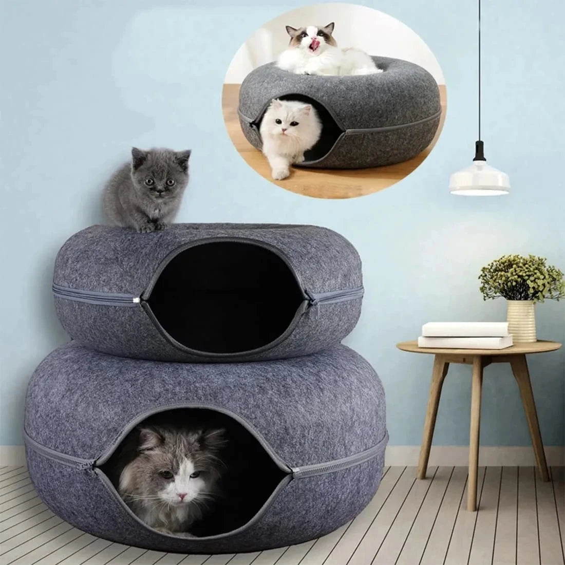 Felt donut cat nest bed with tunnel, view 4