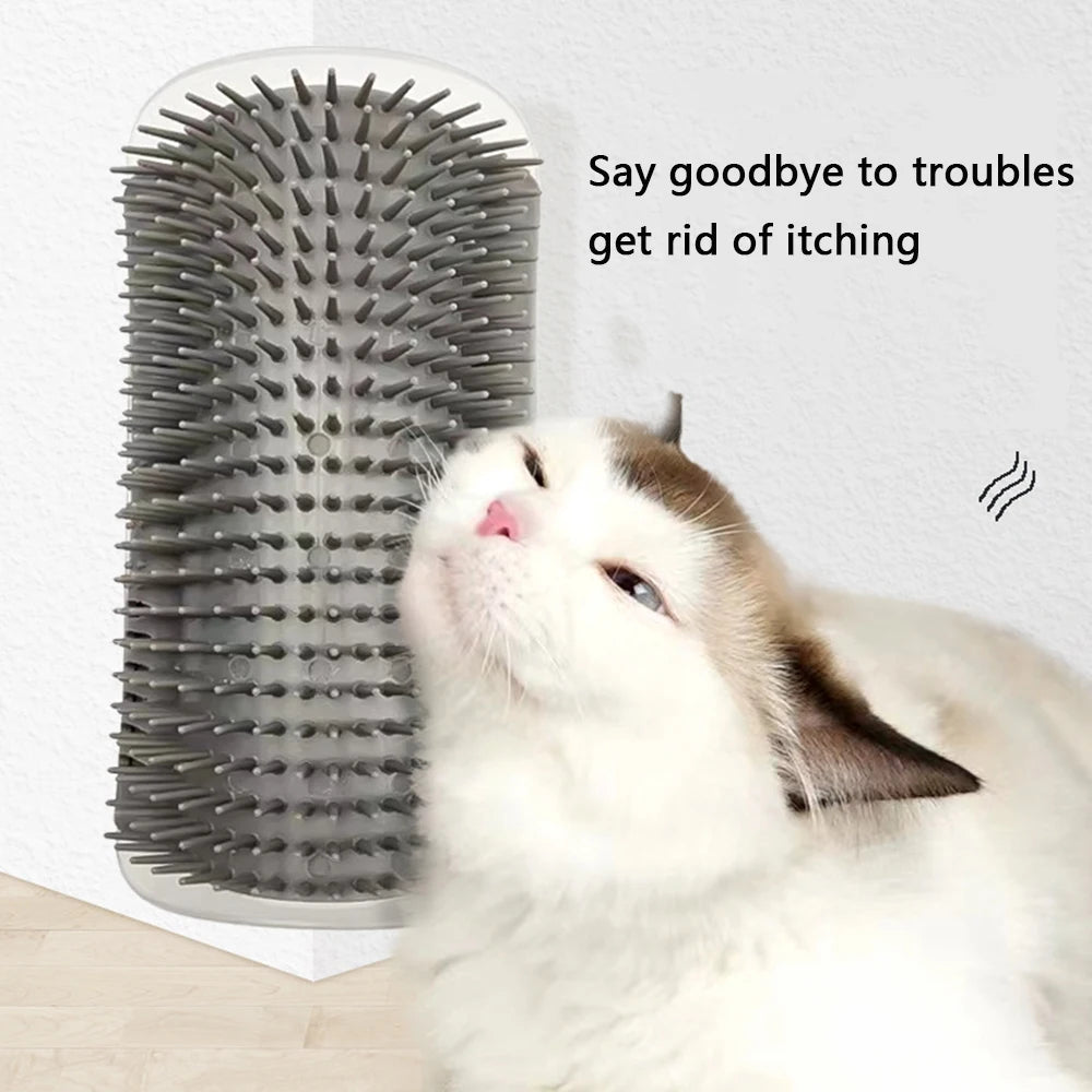 Wall corner cat self-groomer brush with catnip