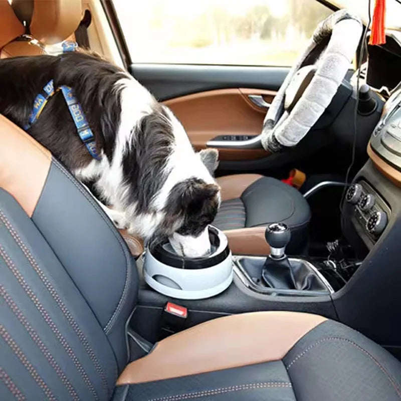 Dog in a car beside an anti-spill pet water bowl