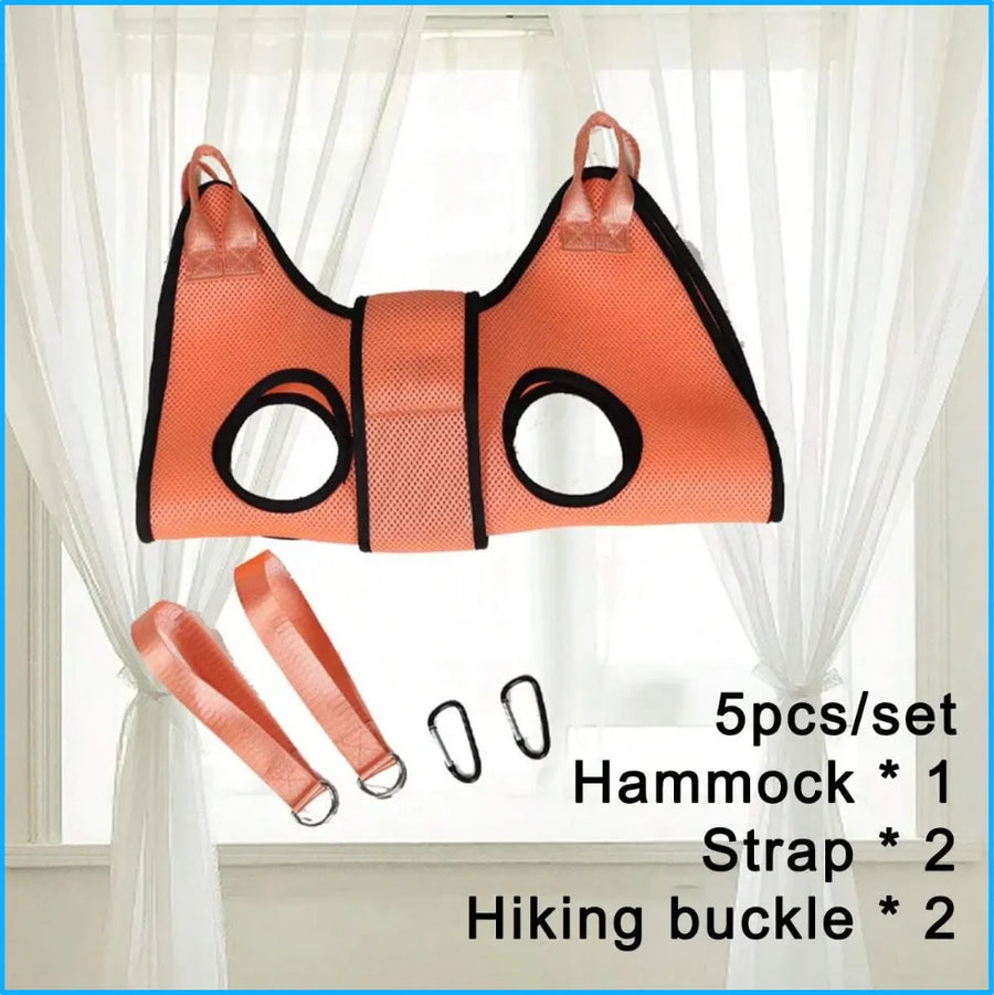 Orange pet grooming hammock hanging by a window, set includes hammock, 2 straps and 2 hiking buckles