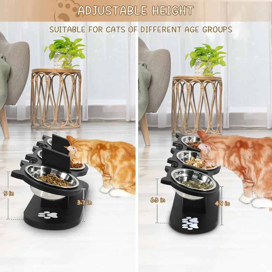 Elevated Cat Bowls, 3 Stainless Steel with Wood Stand
