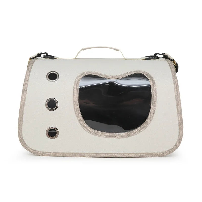 Front view of a beige pet carrier bag with black mesh window