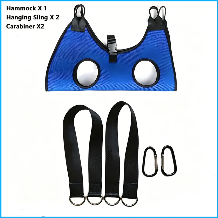 Blue pet grooming hammock with black hanging straps and hooks