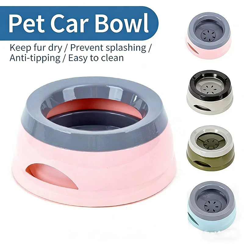 Pet car bowl infographic: keep fur dry, prevent splashing, anti-tipping, easy to clean, in four colors