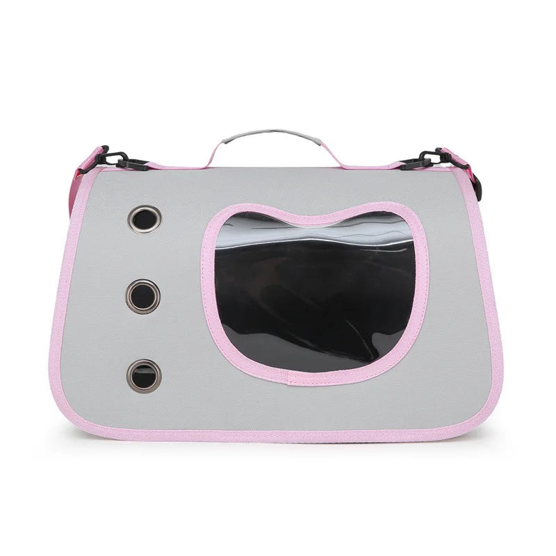Light grey pet carrier bag with pink trim and mesh window