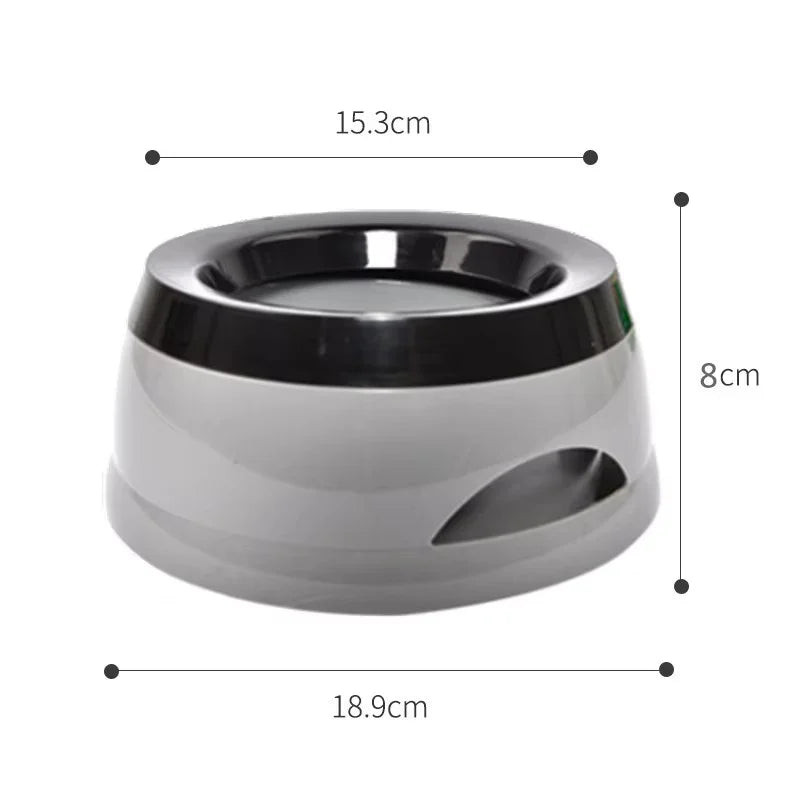 Grey anti-spill pet water bowl with size measurements