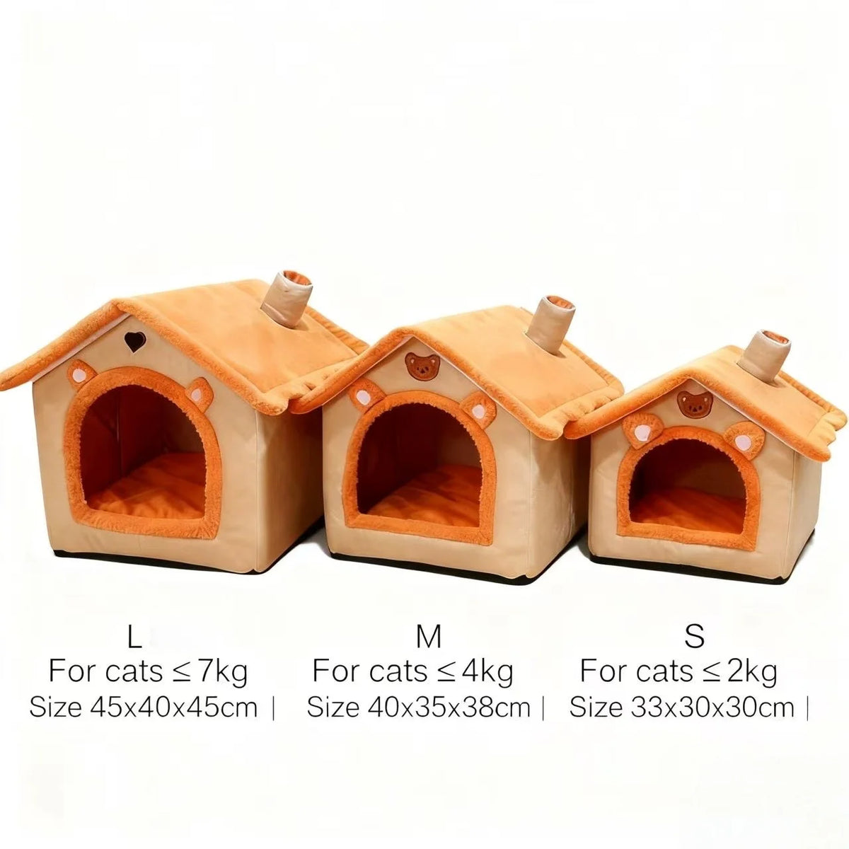 Orange house-style pet bed shown in large, medium and small sizes with size chart
