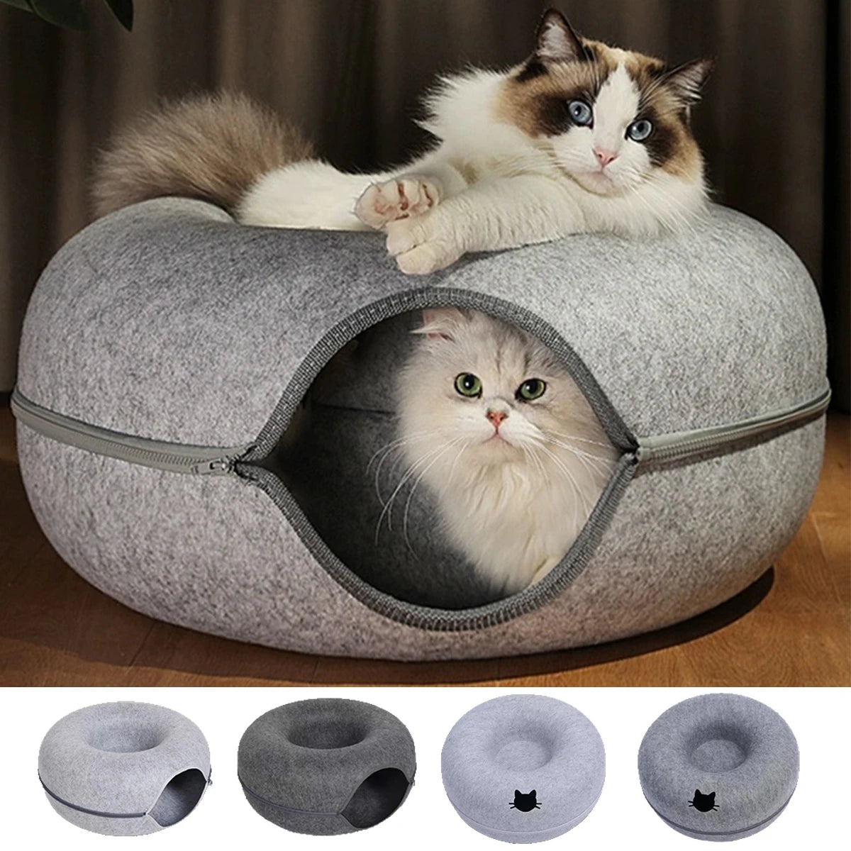 Felt donut cat nest bed with tunnel, view 2