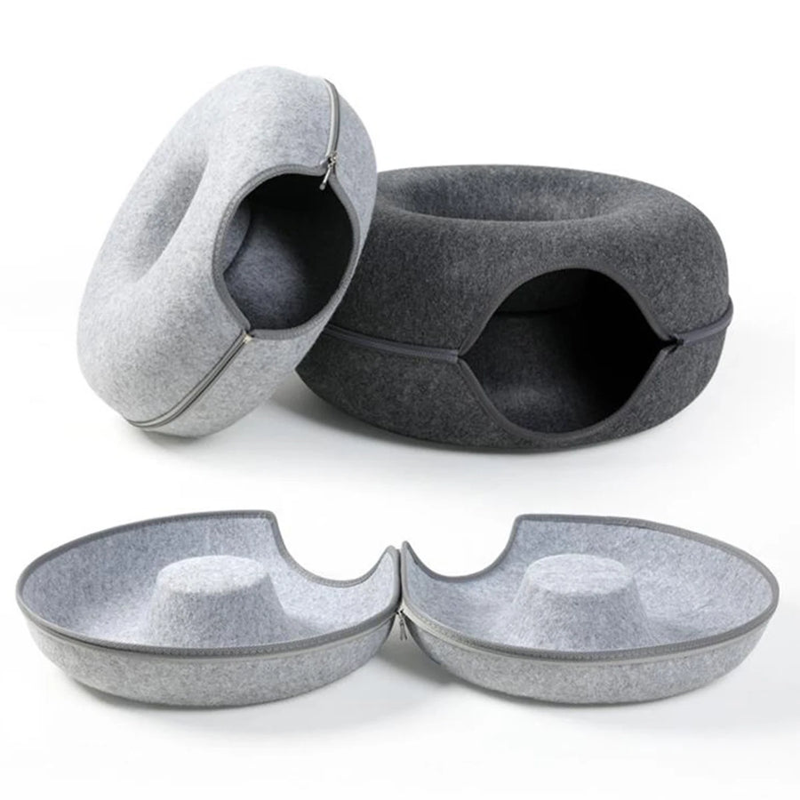 Felt donut cat nest bed with tunnel, view 3
