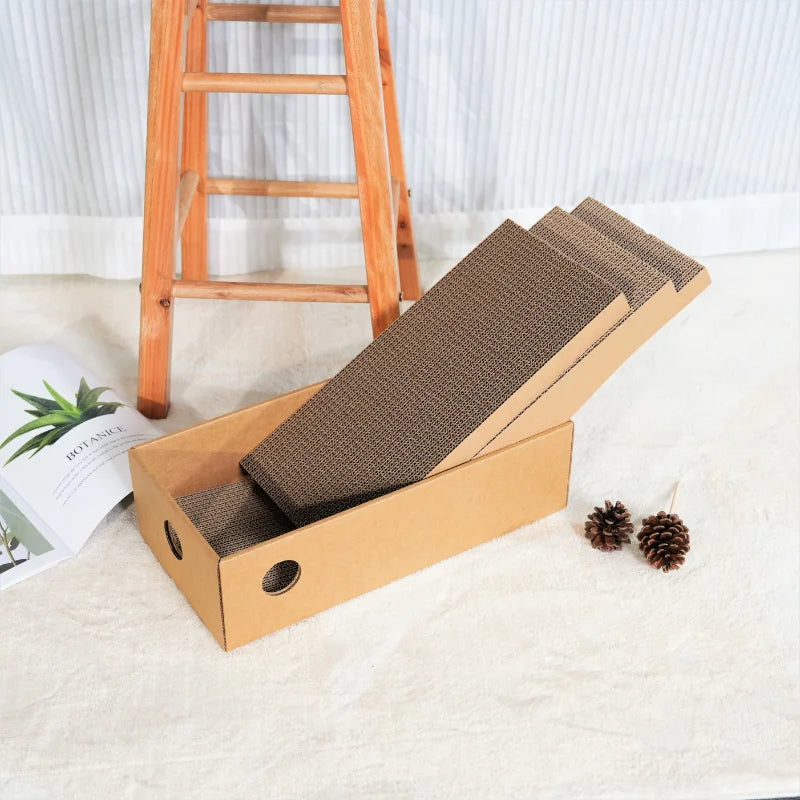 Side view of an angled corrugated scratching pad inside a cardboard box