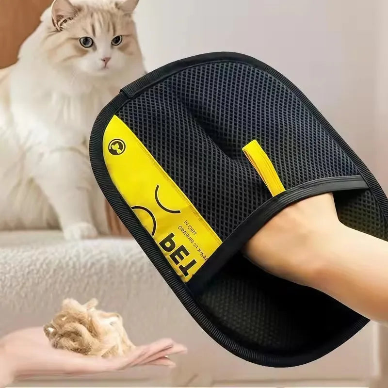 Yellow reusable cat hair remover grooming glove