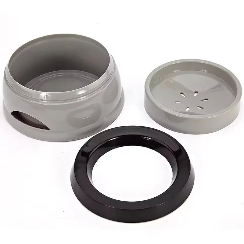 Grey anti-spill pet water bowl with removable floating plate and black ring