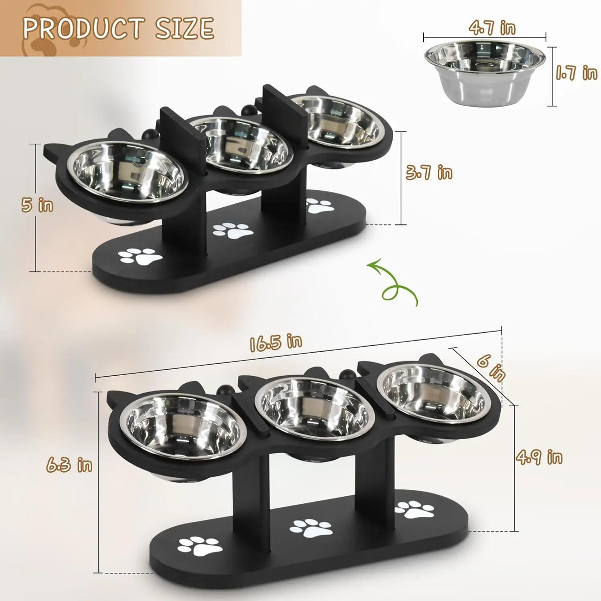 Elevated Cat Bowls, 3 Stainless Steel with Wood Stand