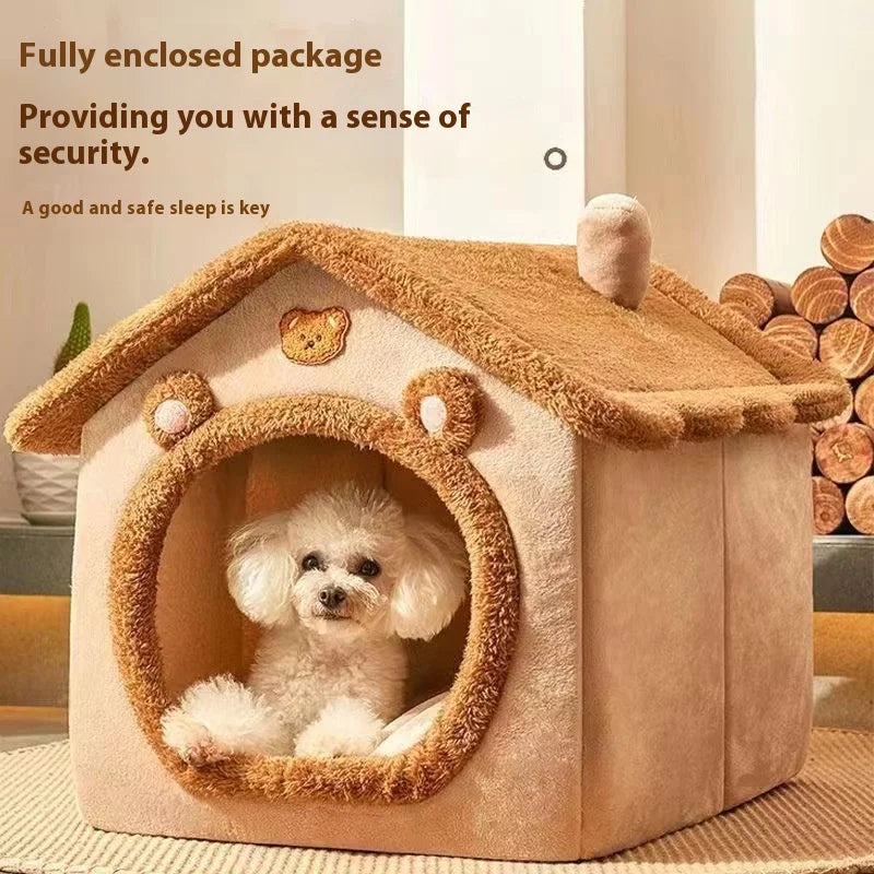 Small fluffy dog resting inside an orange-brown enclosed pet house bed