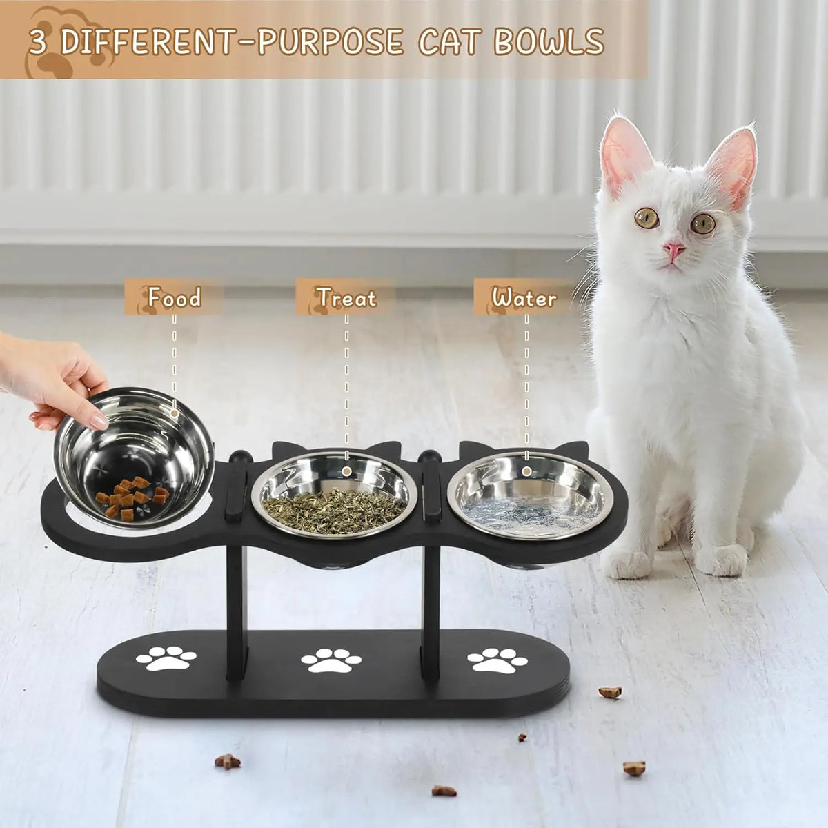 Elevated Cat Bowls, 3 Stainless Steel with Wood Stand