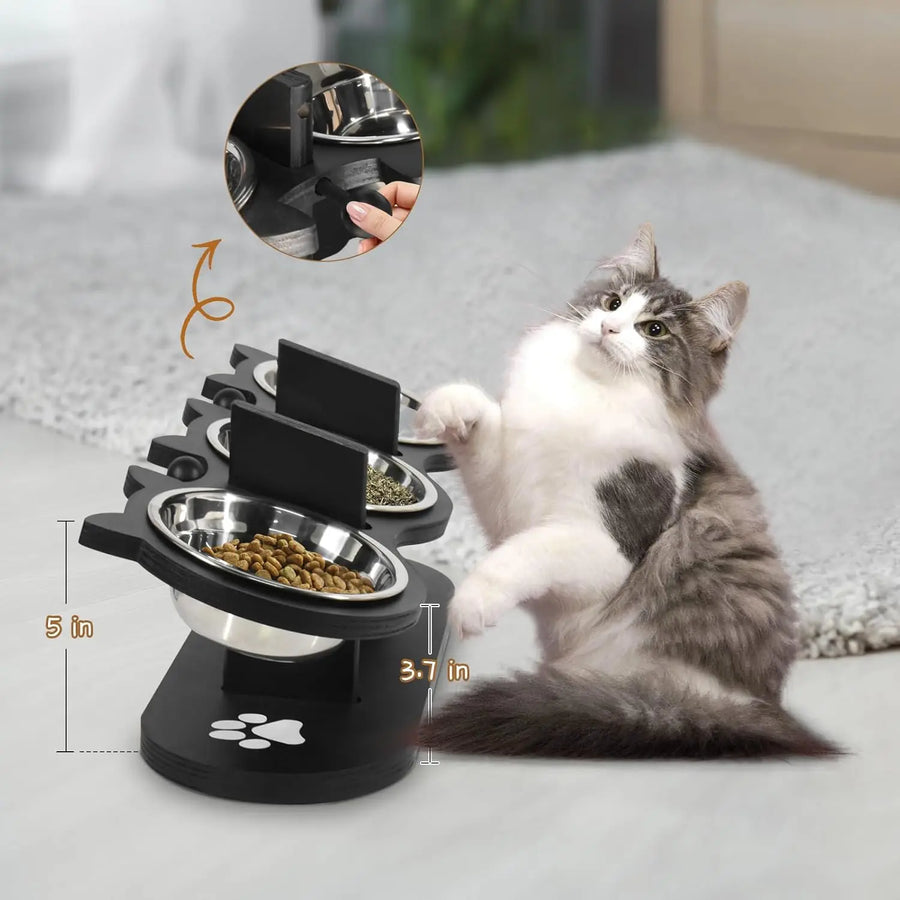 Elevated Cat Bowls, 3 Stainless Steel with Wood Stand