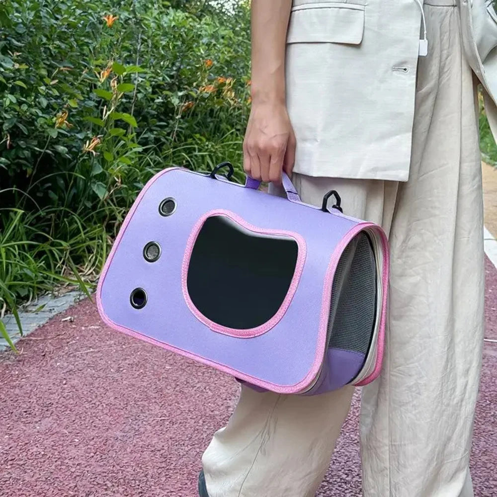 Person carrying a lilac and purple pet carrier bag outdoors