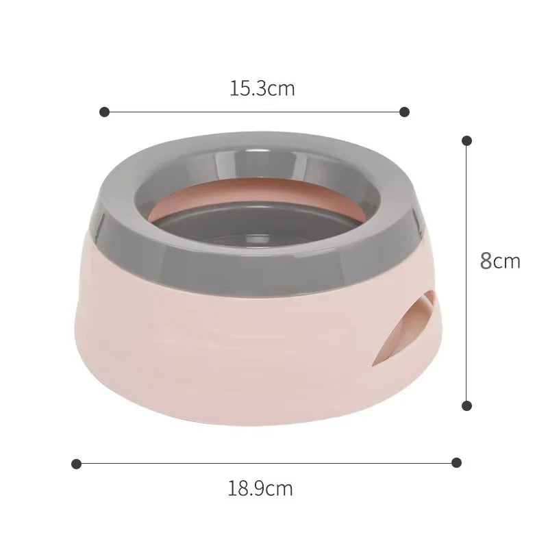 Pink anti-spill pet water bowl with size measurements